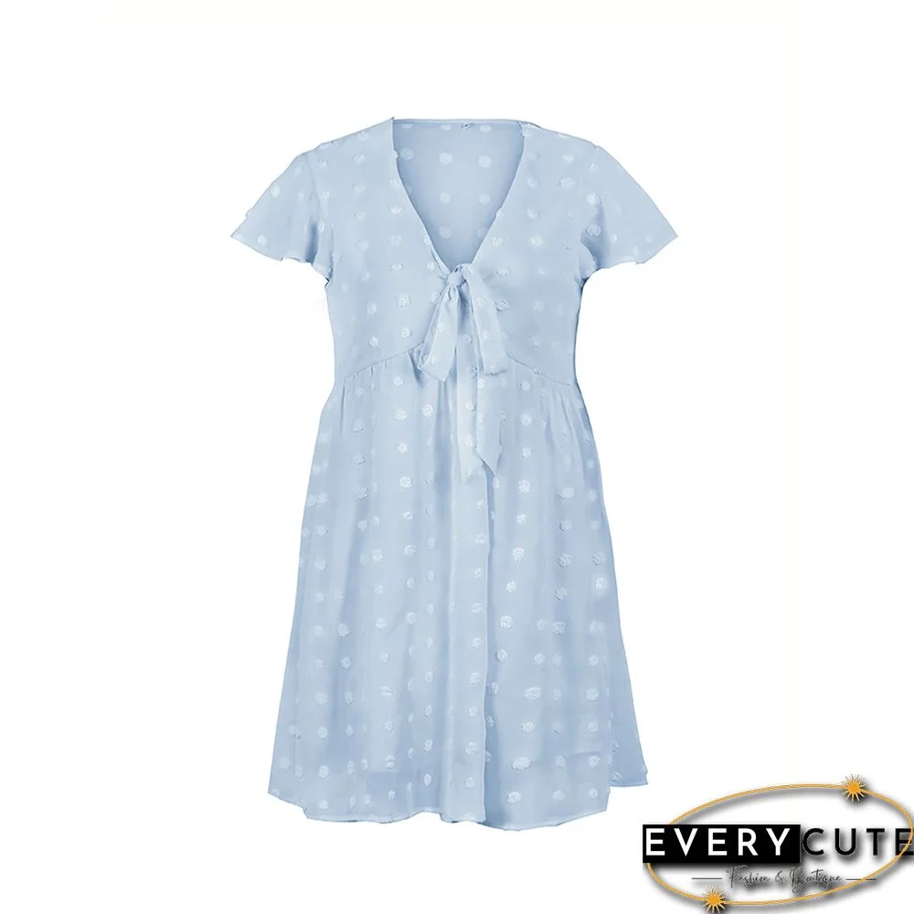 Light Blue V Neckline Bowknot Front Mini Dress