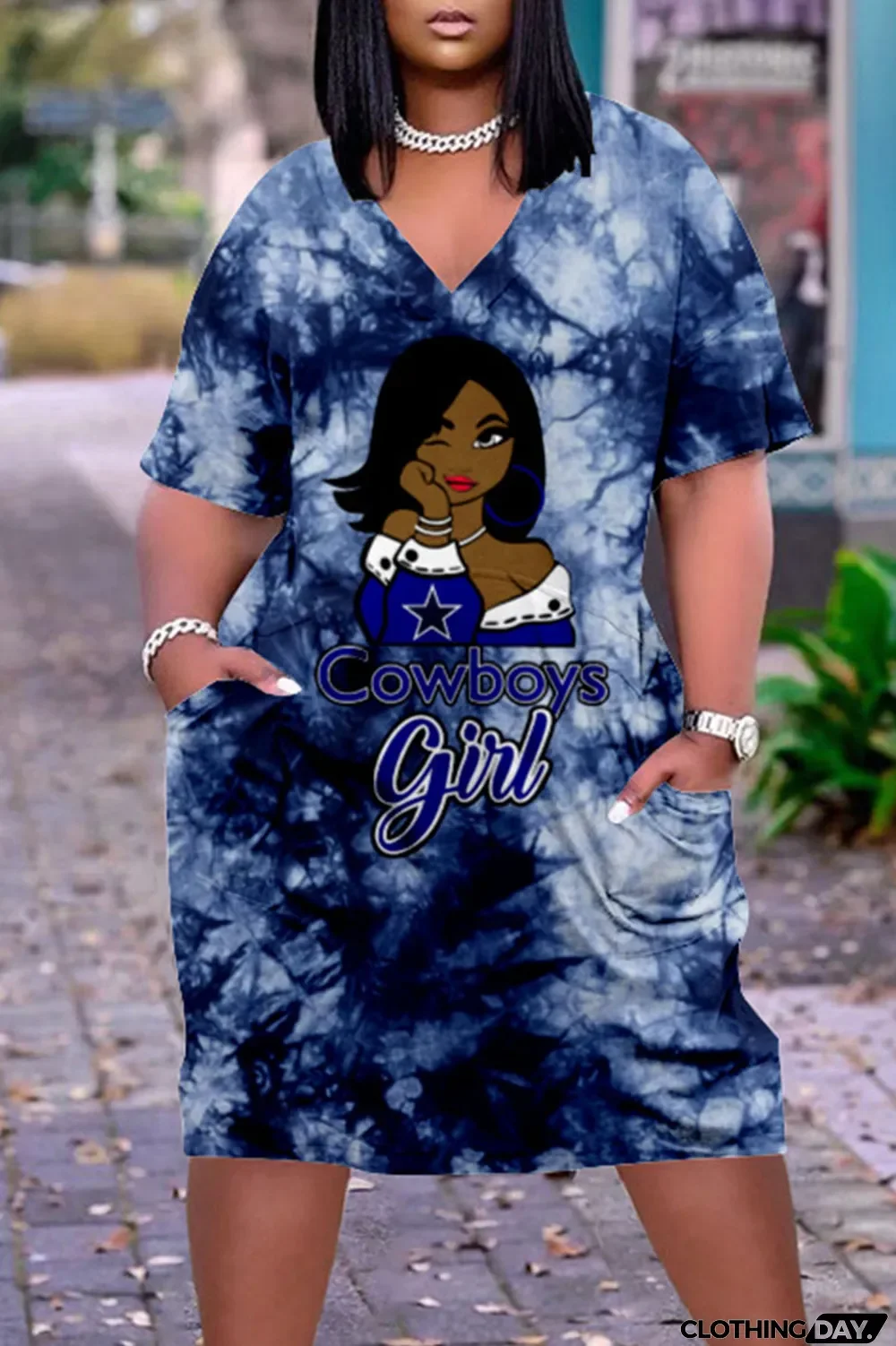 Blue White Casual Print Patchwork V Neck Straight Dresses