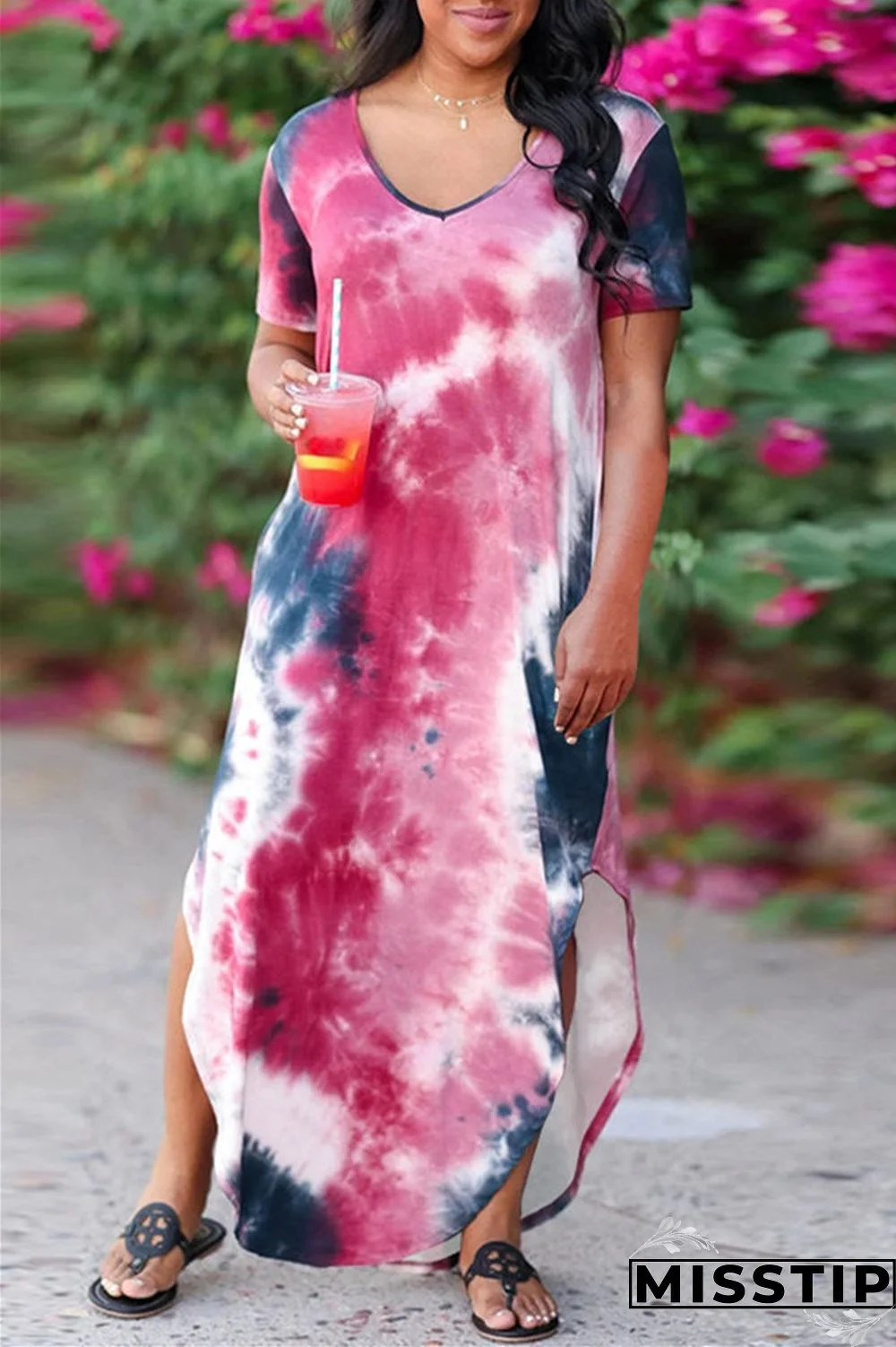 Rose Red Fashion Casual Print Tie Dye Slit O Neck Short Sleeve Dress