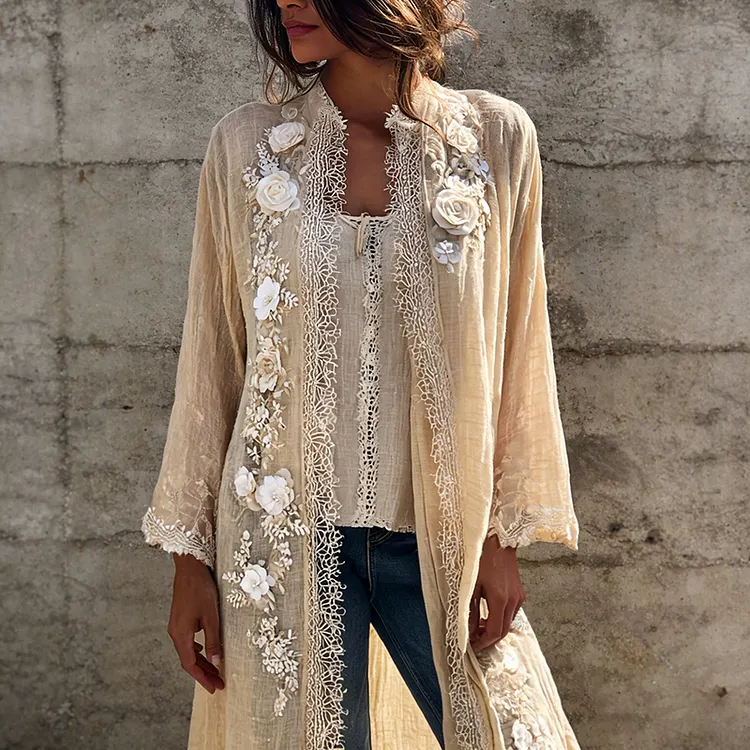 Women's Vintage Bohemian Floral Lace Art Casual Linen Blend Long Cardigan