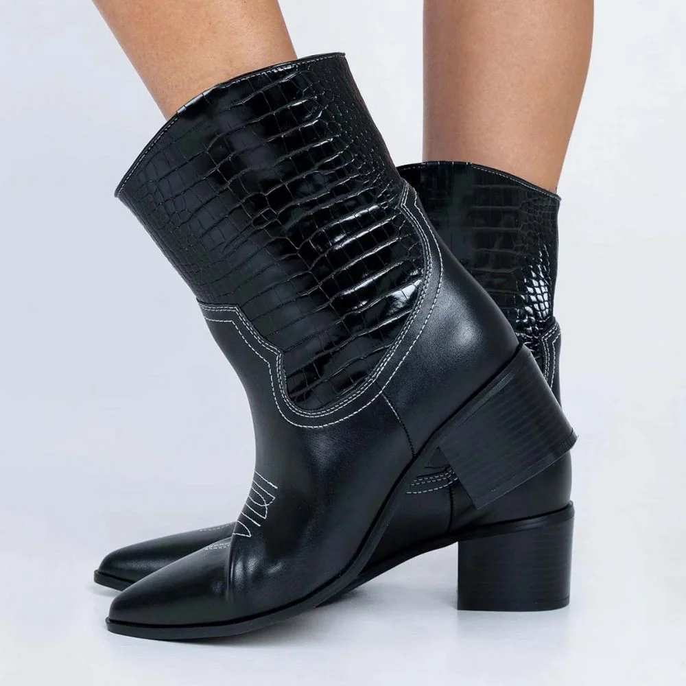 Black Vegan Crocodile Ankle Boots Pointed Toe Block Heel Booties Nicepairs