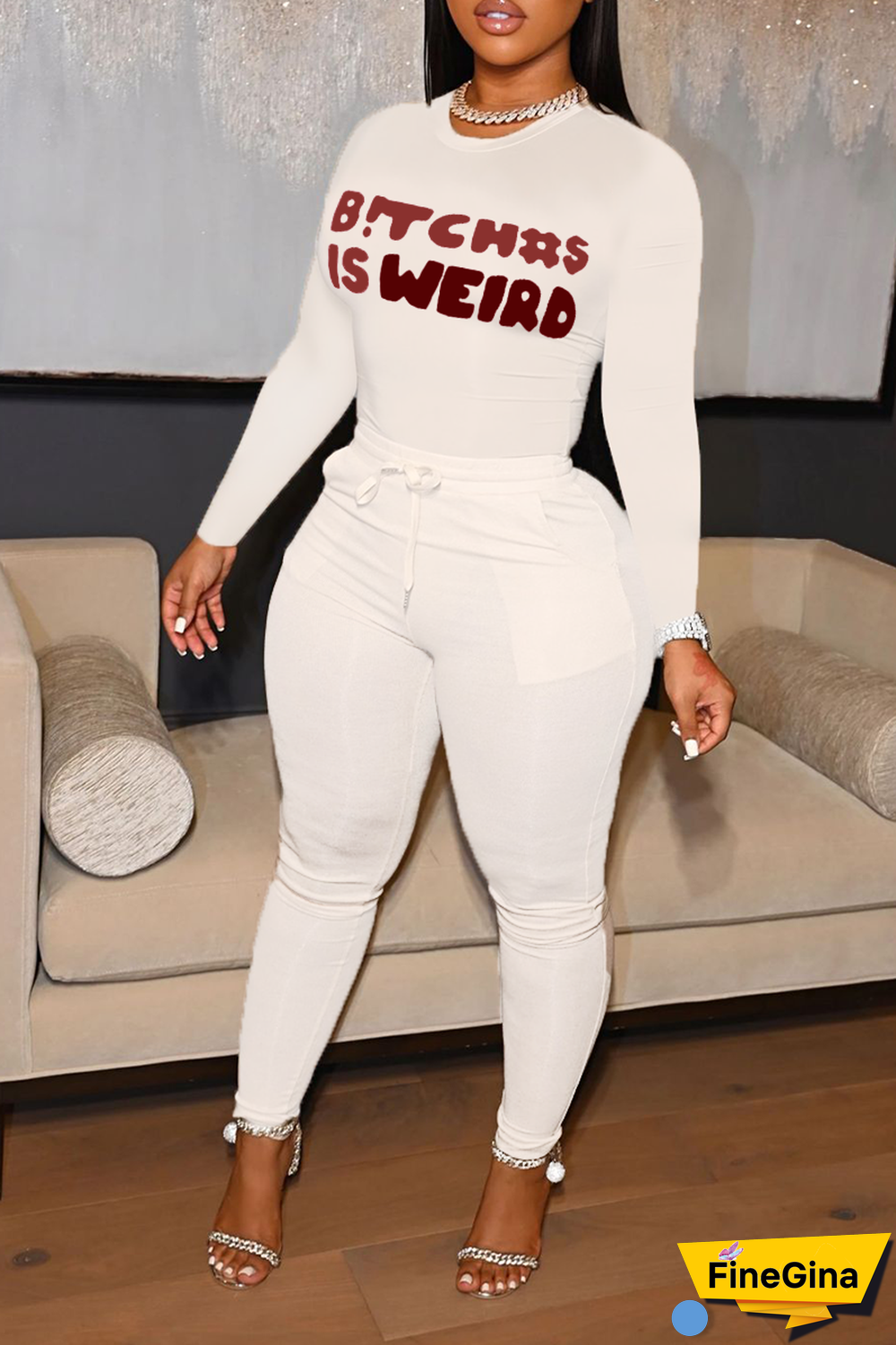 White Vintage Print Letter O Neck Tops