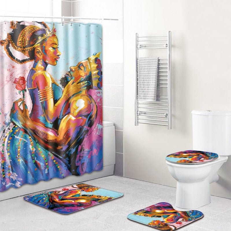 King Queen Couple African Shower Curtain Polyester Fabric Lovers Art Painting Home Decoration Bathroom Curtain Non-slip Bath Mat