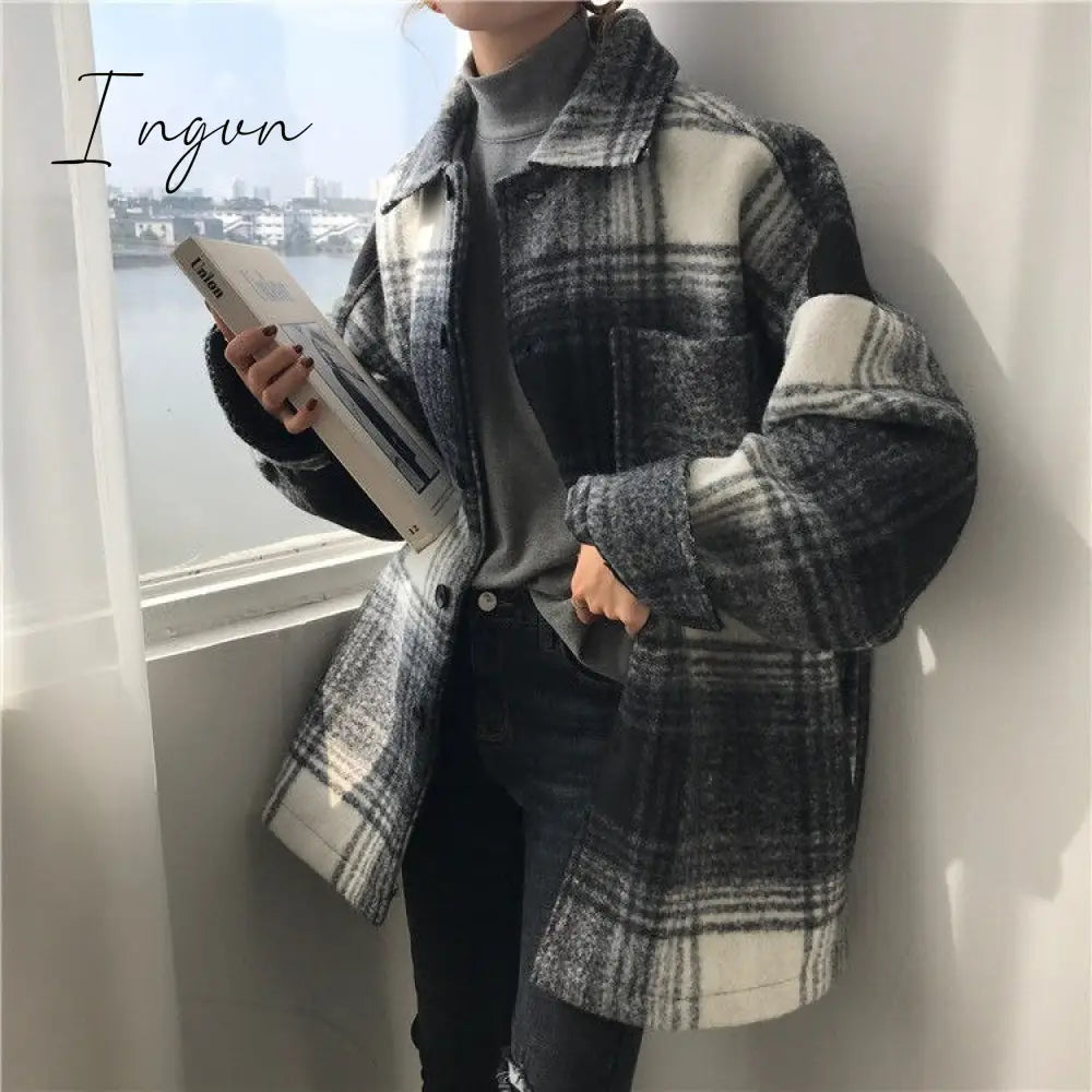 Ingvn - Wool Plaid Blends Coat Jacket Black-White / S