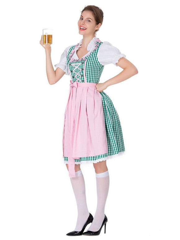 Oktoberfest Costumes Beer Girl Gingham Plaid Lace Up Bow Cotton Halloween Costumes Novameme
