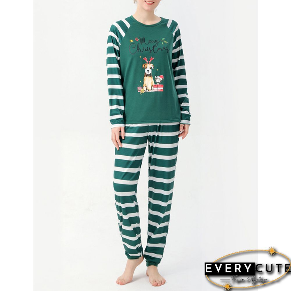 Green Striped Graphic Print Cotton Blend Lounge Set