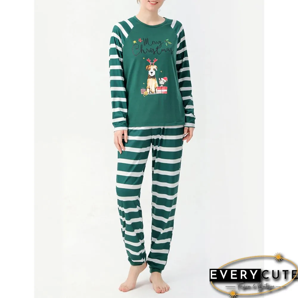Green Striped Graphic Print Cotton Blend Lounge Set