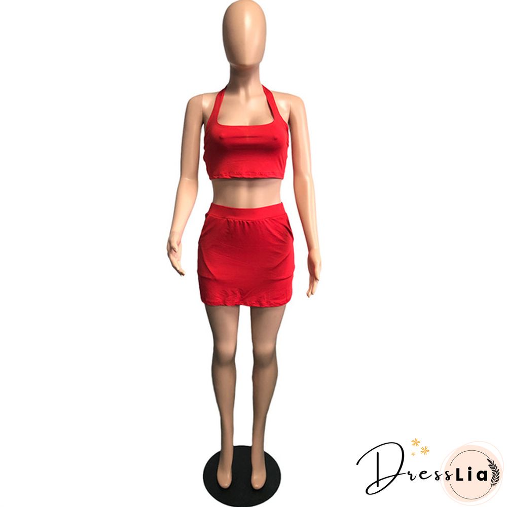 Plus Size Summer Solid Women Square Neck Sleeveless Crop Top+Elastic Waist Mini Skirt 2 Piece Set