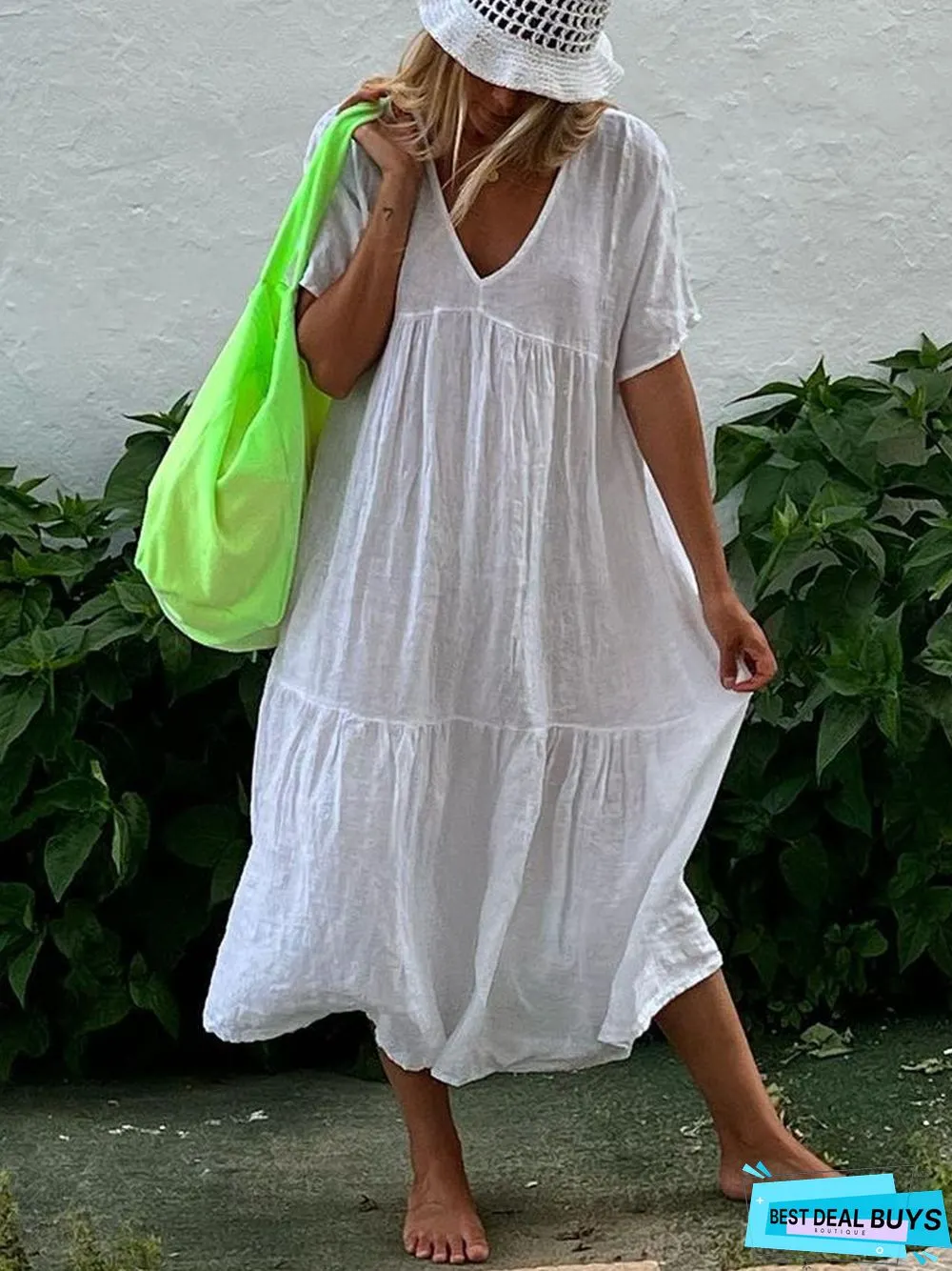 V Neck Casual Cotton Dress