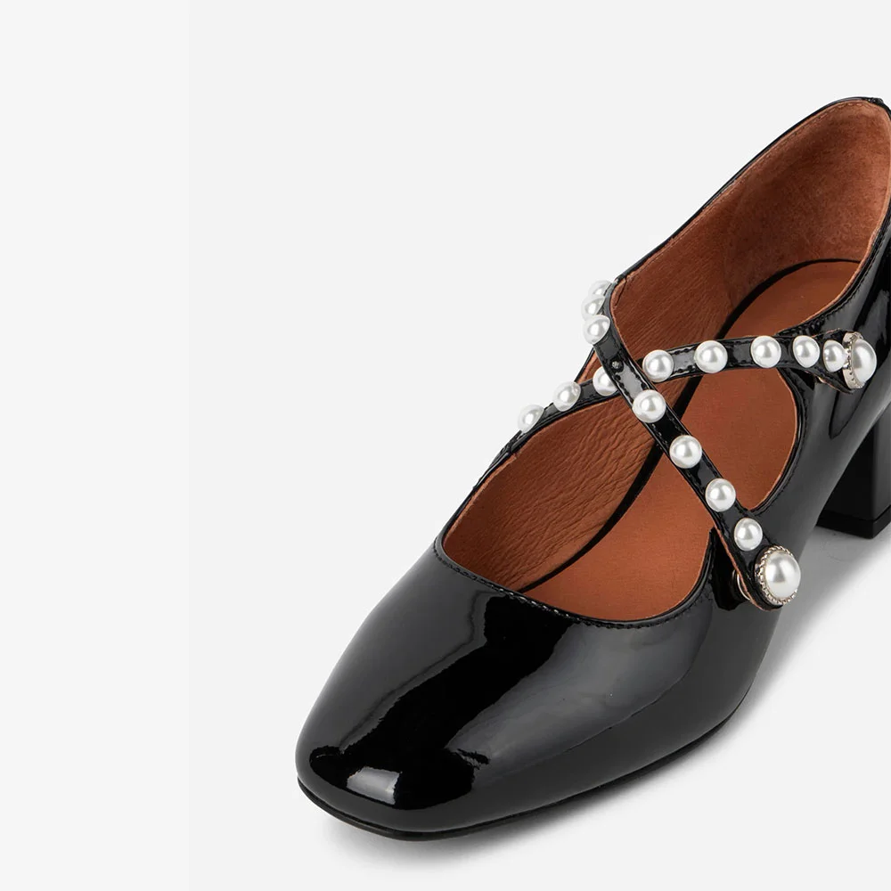 Square Toe Block Heel Pearl Cross Strap Black Pumps for Women