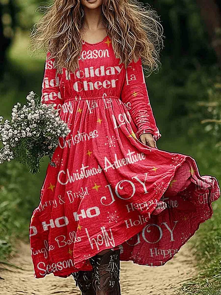 Womens Christmas Pattern Cotton and Linen Dress