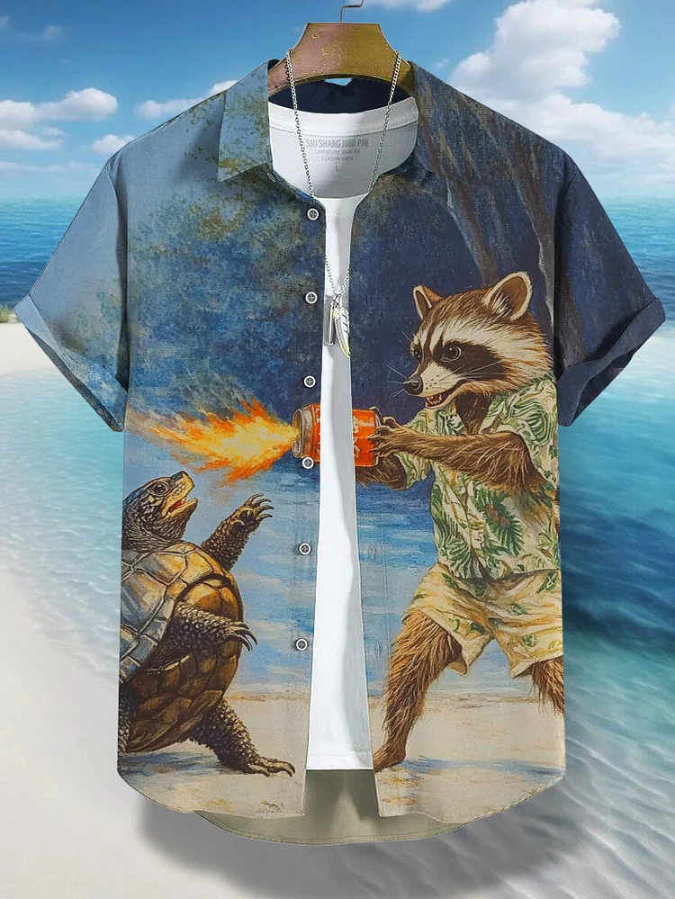 Men's Raccoon And Turtle Funny Art Print Vacation Shirt