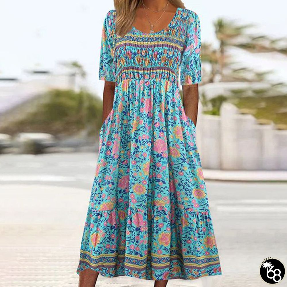 Vintage Blue Short Sleeve Side Pocket Midi Dress | 168DEAL