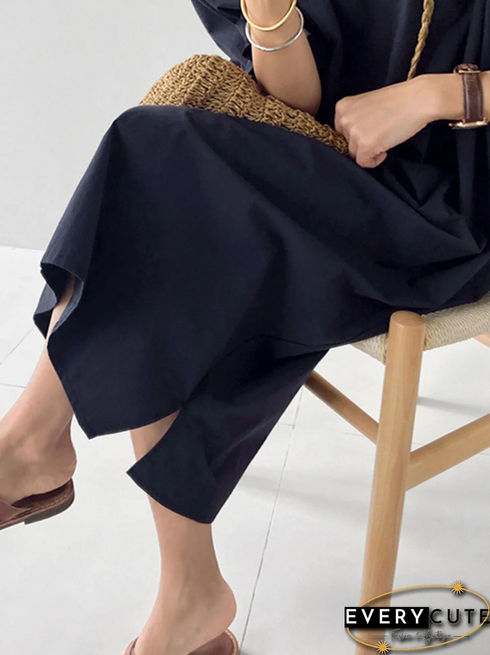 Causal Plus Size Pleated Raglan Sleeve V-Neck Midi Dress