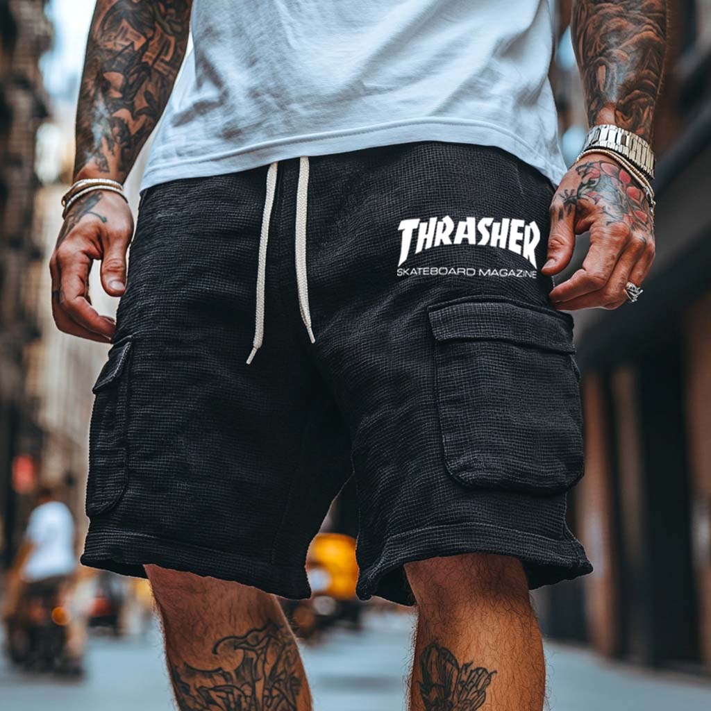 Men's Vintage Waffle Knit Skateboard Magazine Print Multi-Pocket Elastic Drawstring Shorts / TECHWEAR CLUB / Techwear