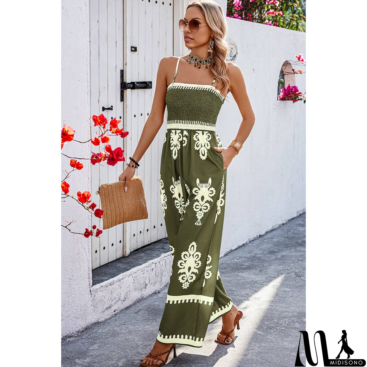 MidiSono - Off Shoulder Ruched Printed High Waist Jumpsuit