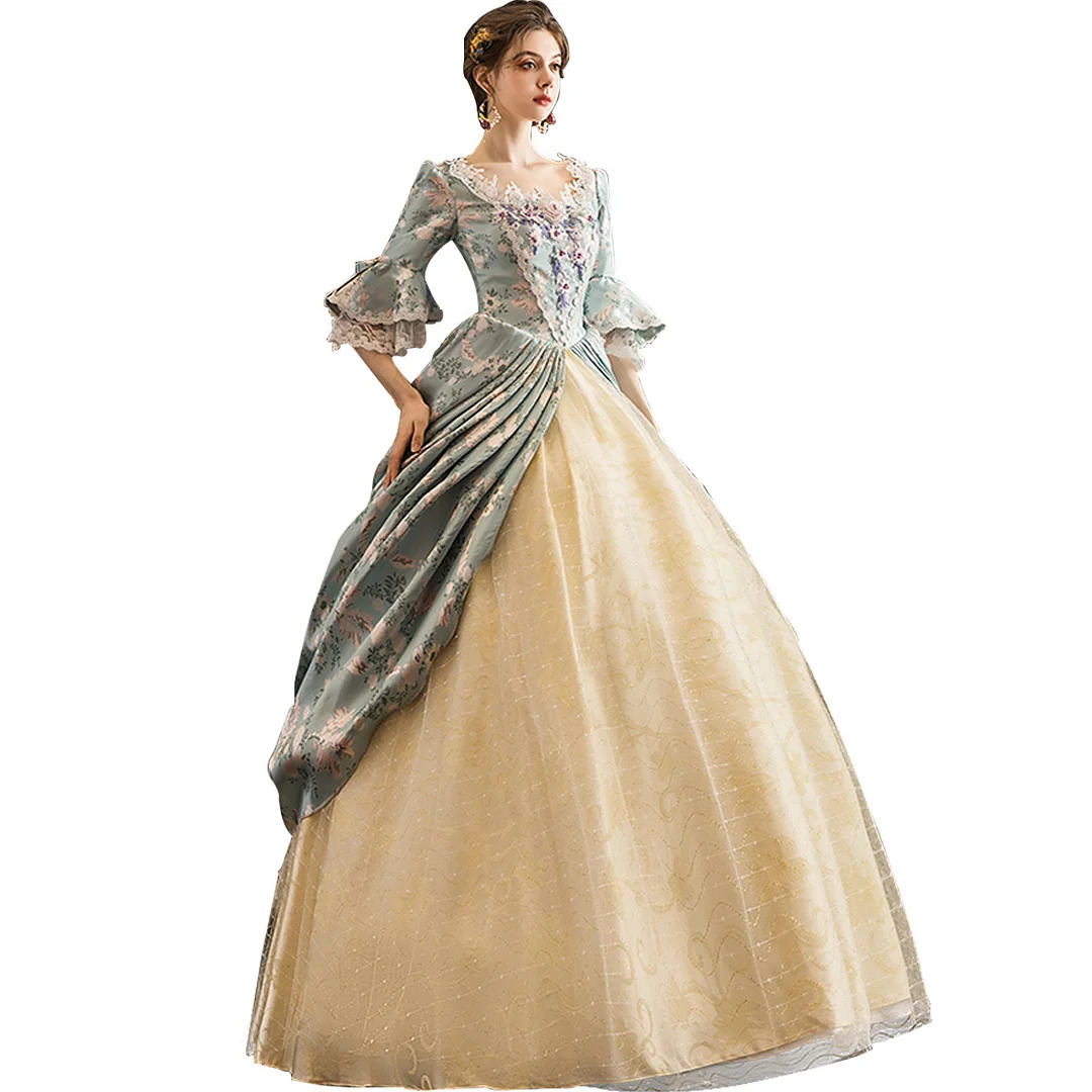 Victorian Dress Flared Sleeves Floral Print Lace Trim Pleated Ball gown Women Costume Novameme