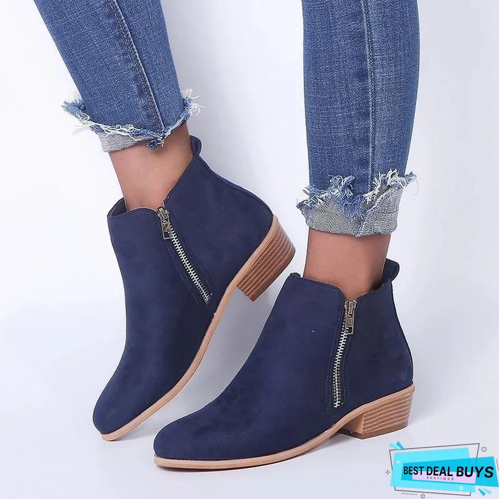 Women Side Zipper Round Toe Ankle Boots