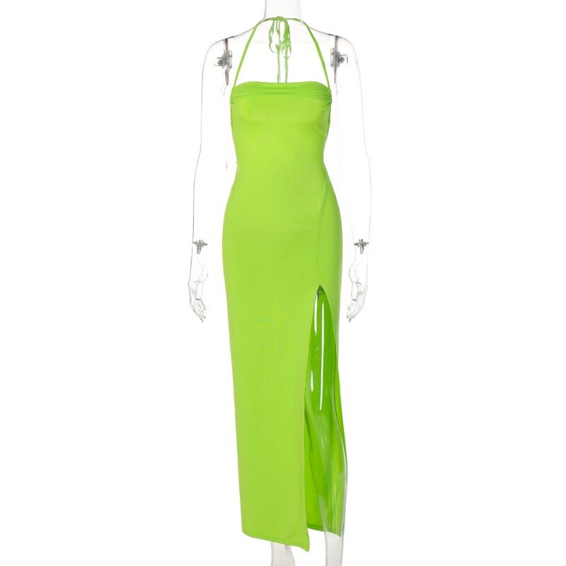 Hugcitar Swing Collar Backless Sleeveless Drawstrings Hollow Out Sexy Slit Maxi Prom Dress 2022 Summer Women Party Y2K Robe