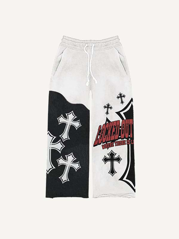 Colorblock Cross&Letter Print Elastic Waist Pants