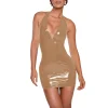 Plus Size Women Beach Party Vocation Halter Dress PVC Leather Deep V-neck Sleeveless Stretch Mini Dress Sexy Wrap Hips  Attire