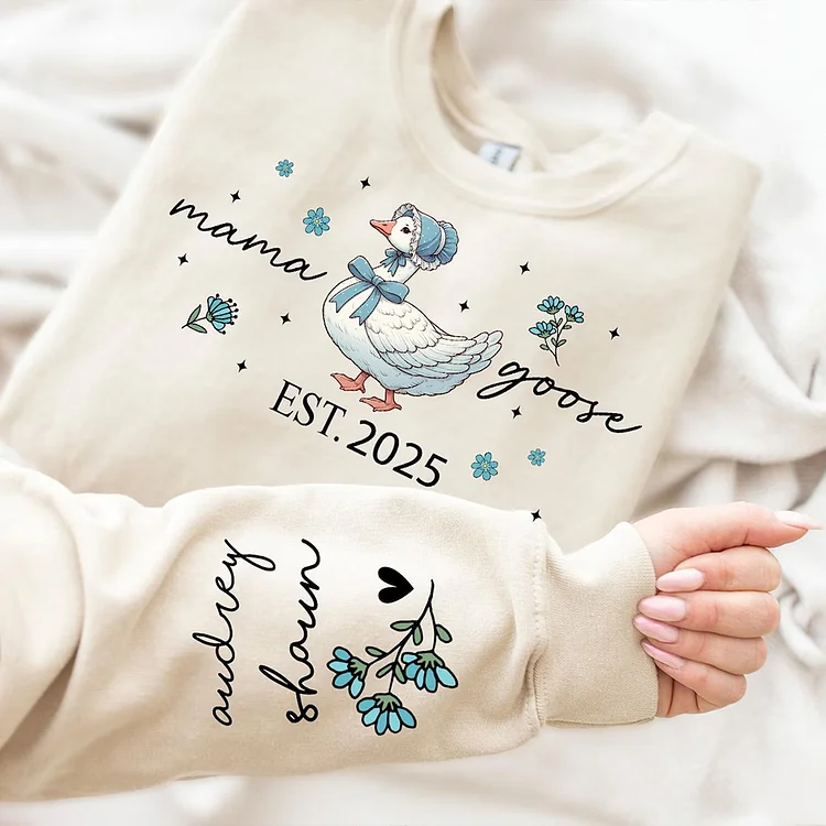Mama Goose Sweatshirt, Pregnancy Mom Sweater, Silly Goose Shirt, Custom Year Of Birth Sweatshirt, Custom Kids Name On Sleeve
