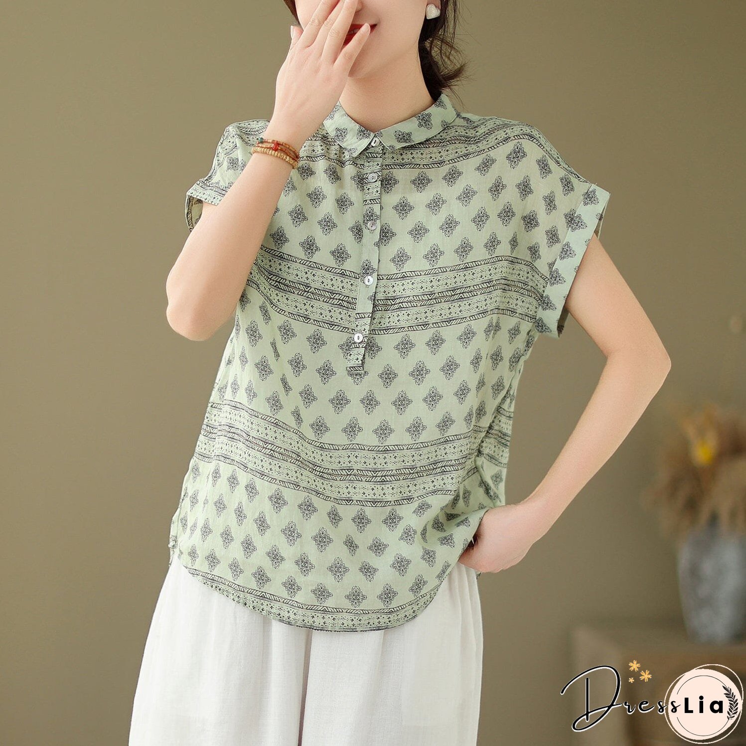 Women Summer Retro Print Linen Minimalist Tops