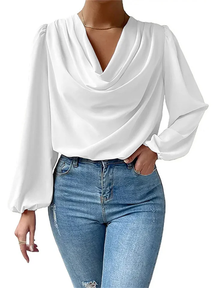 New Chiffon Pile Collar Pleated Long-sleeved Shirt Lantern Sleeves Loose Draped V-neck Comfortable Casual Tops T-shirt Women