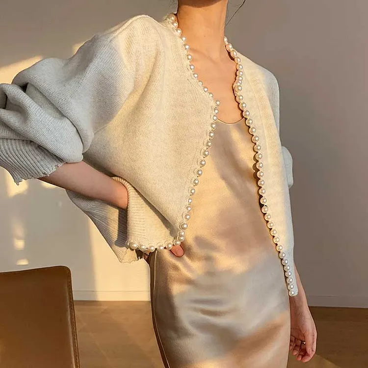 Pearl-trim cardigan over slip dress