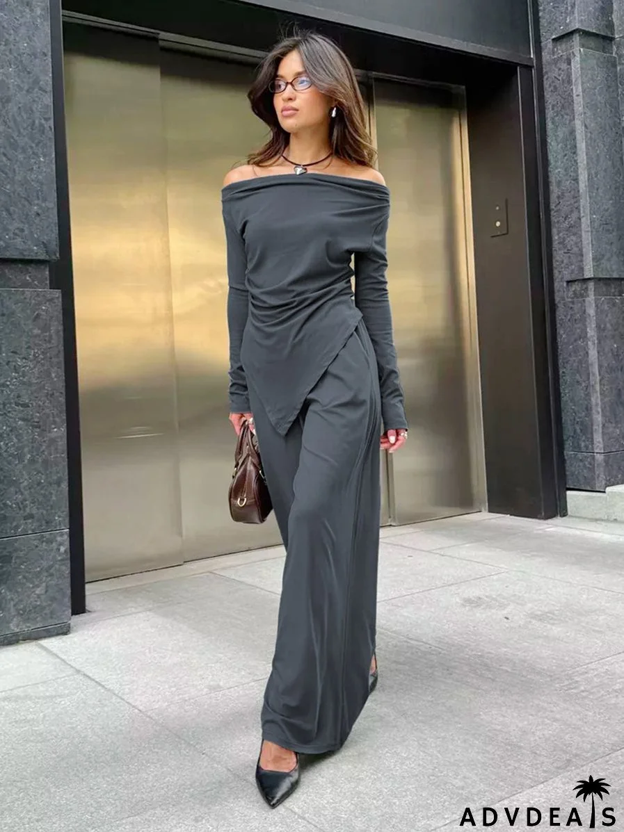Autumn And Winter Grey Knitting Fashion Off Shoulder Long Sleeve Top High Waist Wide Leg Pants Casual Two Piece Set