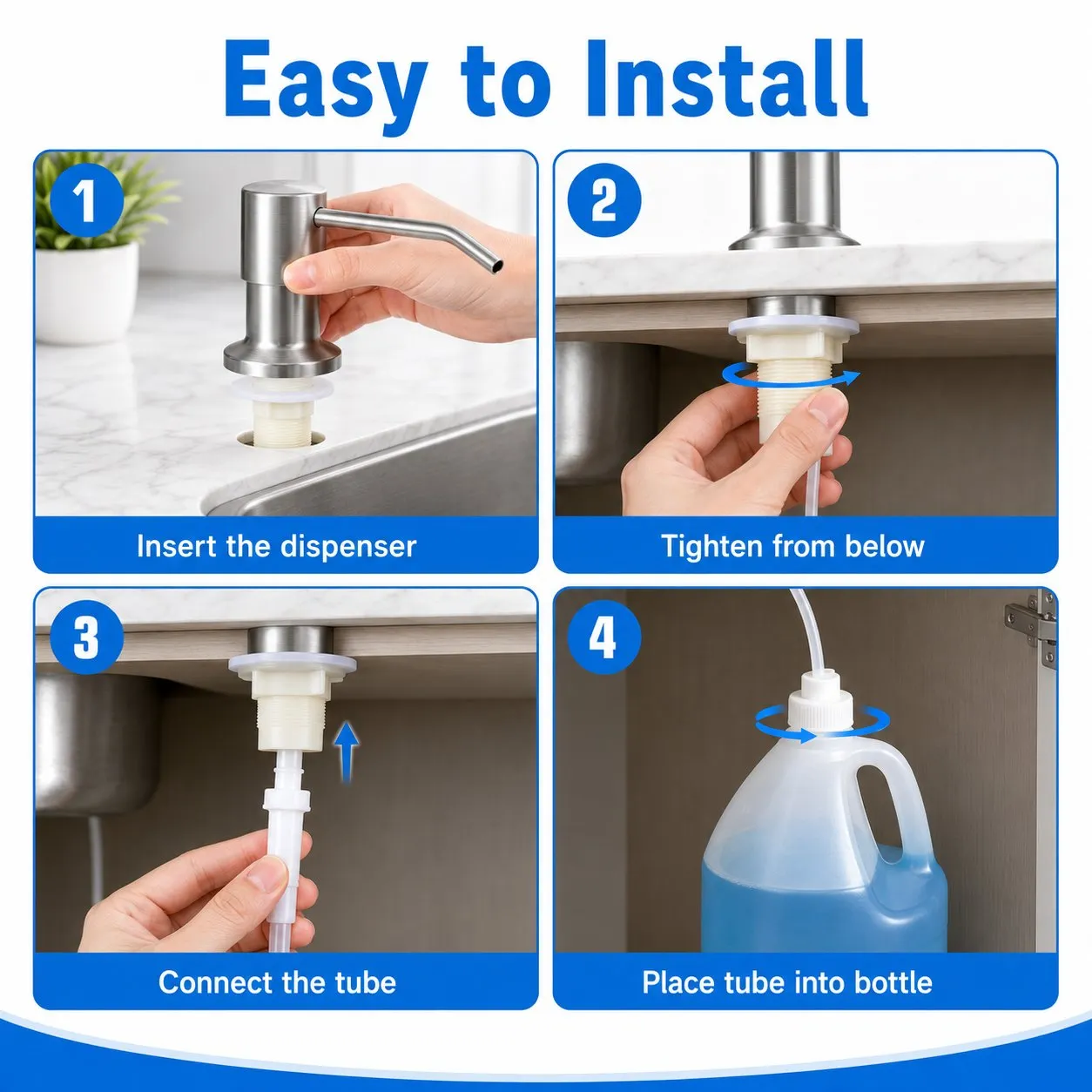 Organized kitchen countertop with a built-in soap dispenser