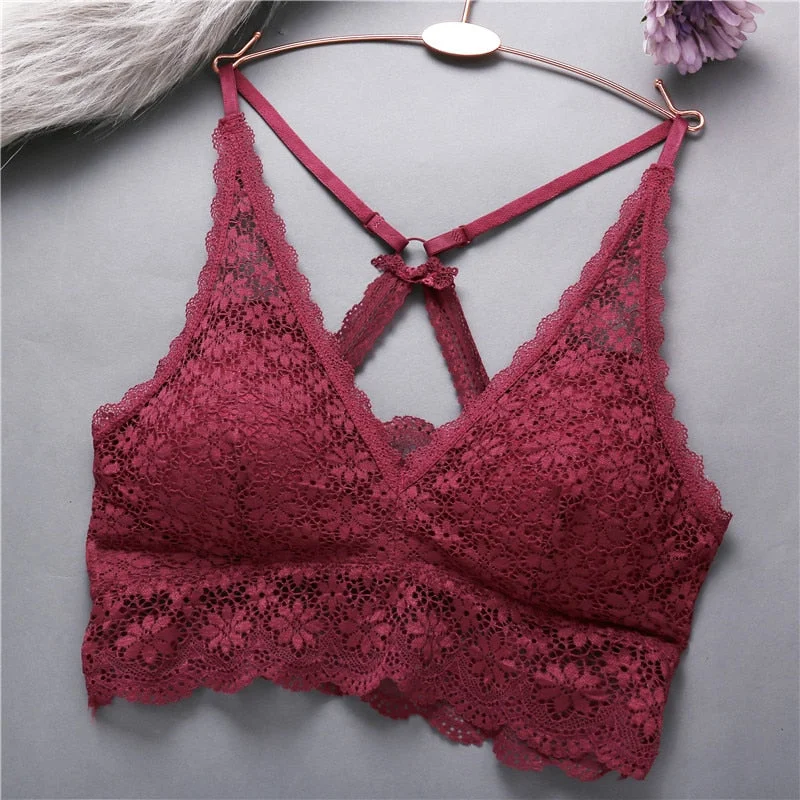 FINETOO Sexy Lace Women Cross Strap V-Neck Short Tops Seamless Bralette Underwear Push Up Padded Lingerie Femme Cropped Bra Top