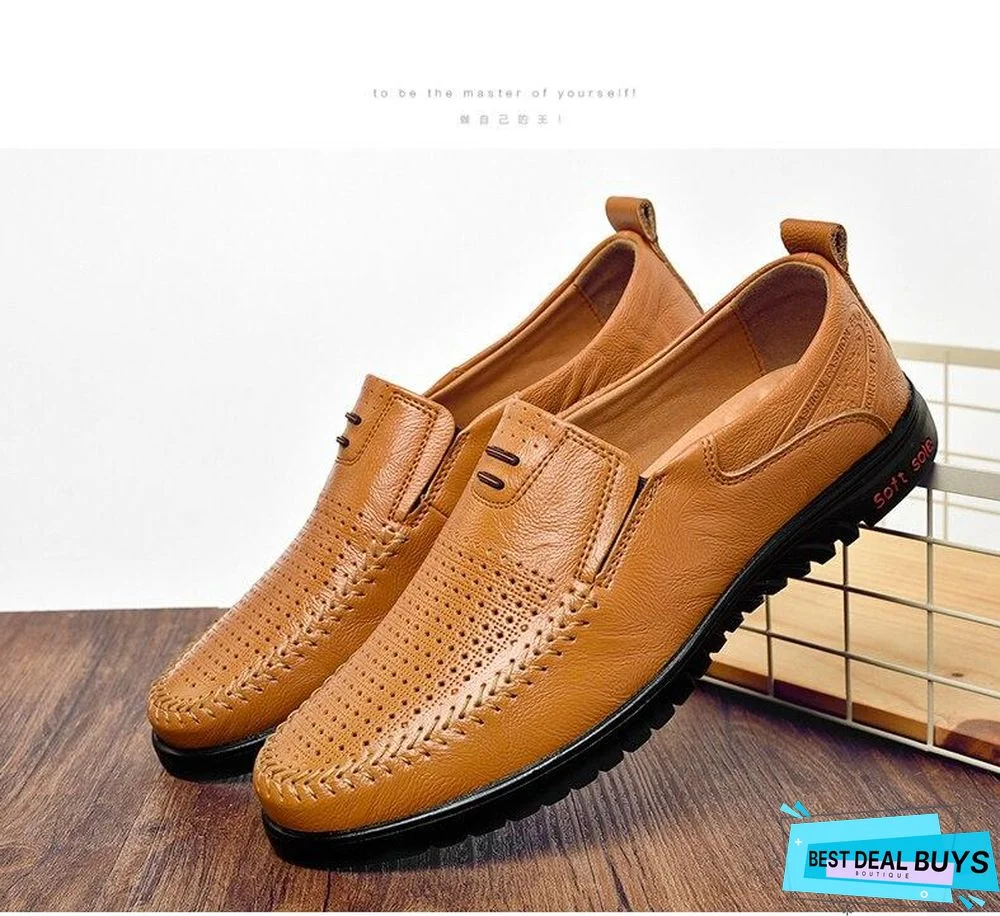 New Openwork Men Black Loafer Perforated Shoes Leather Flats Driving Shoes Business Men's Shoes
