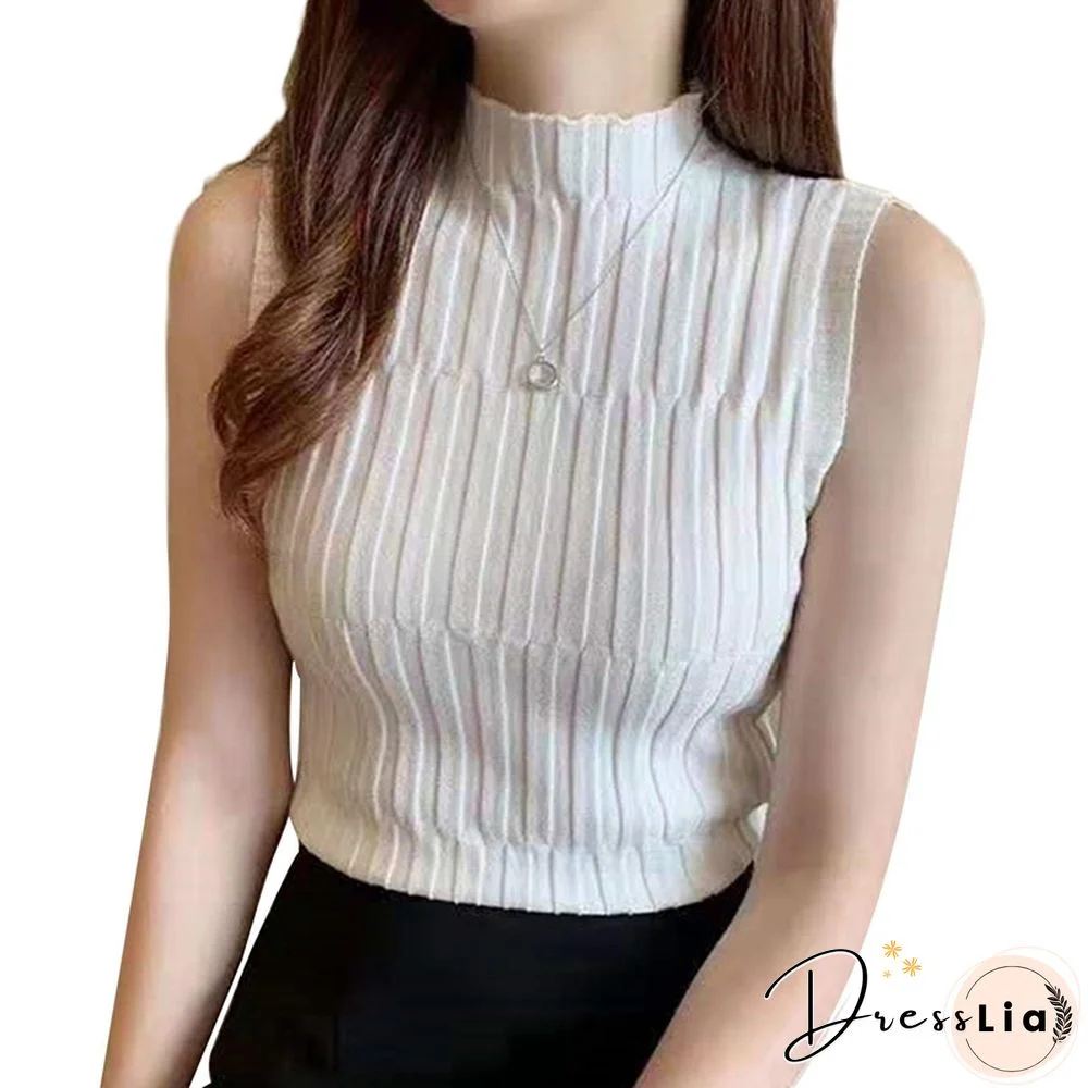 New High Quality Summer Autumn Women Mock Neck Top Turtleneck Sleeveless T-Shirt Slim Knitted Vest Female Tee Knitwear