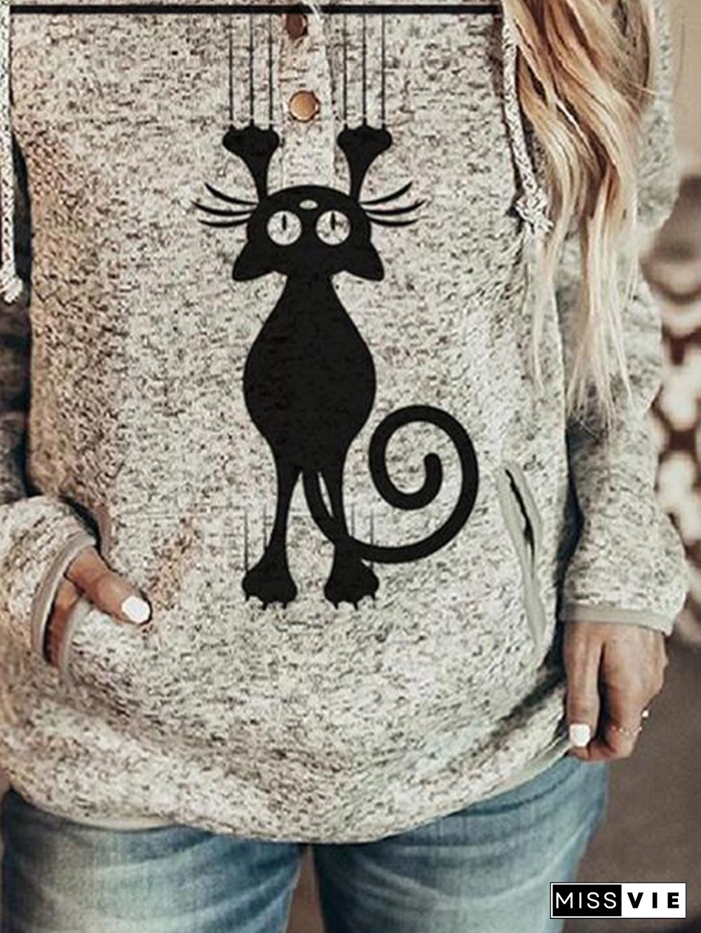 Women's Cat Print Pocket Hoodie