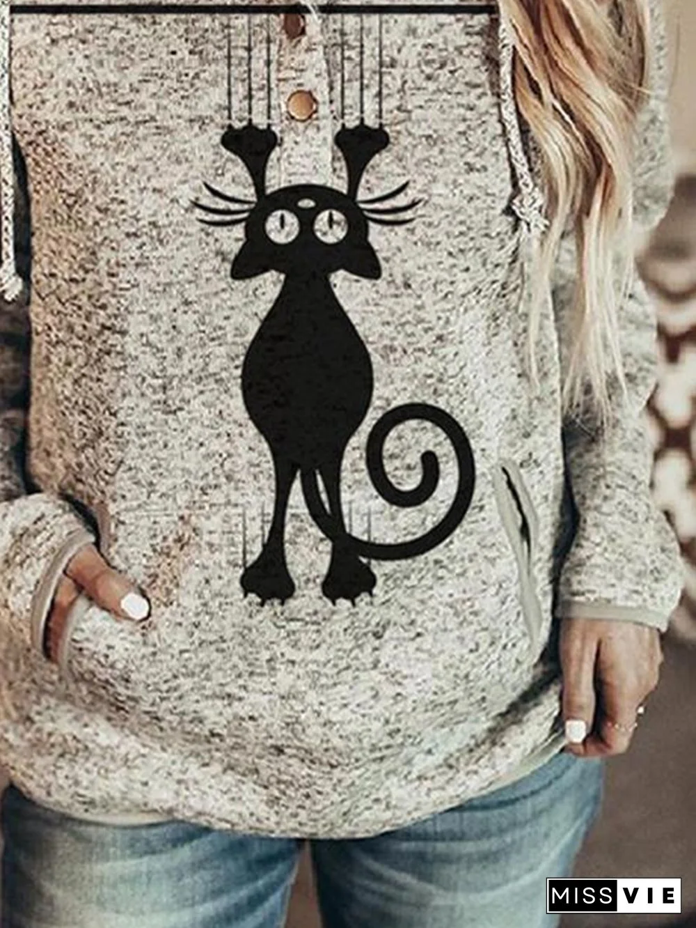 Women's Cat Print Pocket Hoodie