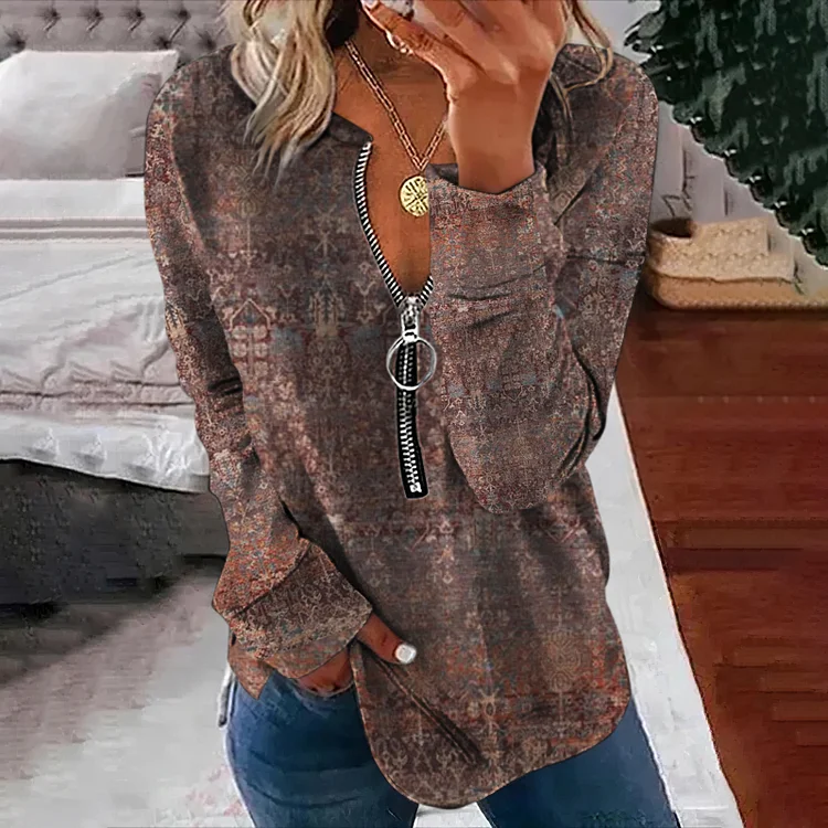 Ethnic Tribal Printed V Neck Zipper Long Sleeve Sweatshirt