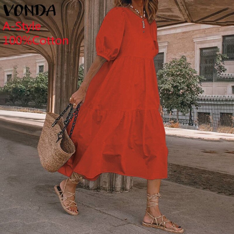 Summer Dress Vintage Sexy Lantern Sleeve Mid-Calf Dress Beach Bohemian Women'Summer Sundress 2022 VONDA Casual Vestido Oversized