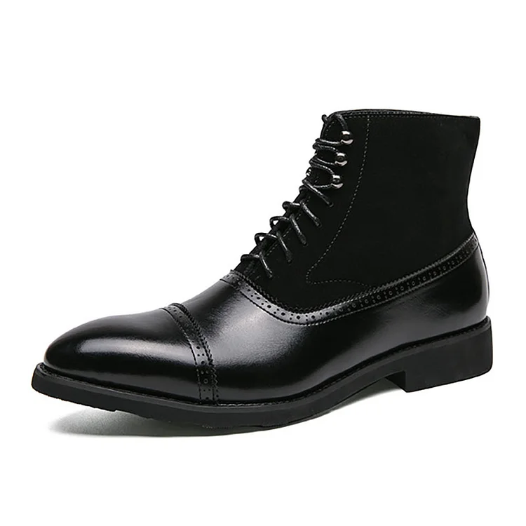 PU Leather Baroque Pointy Toe Lace Up Suede Faux Leather Patchwork High Top Retro Boots