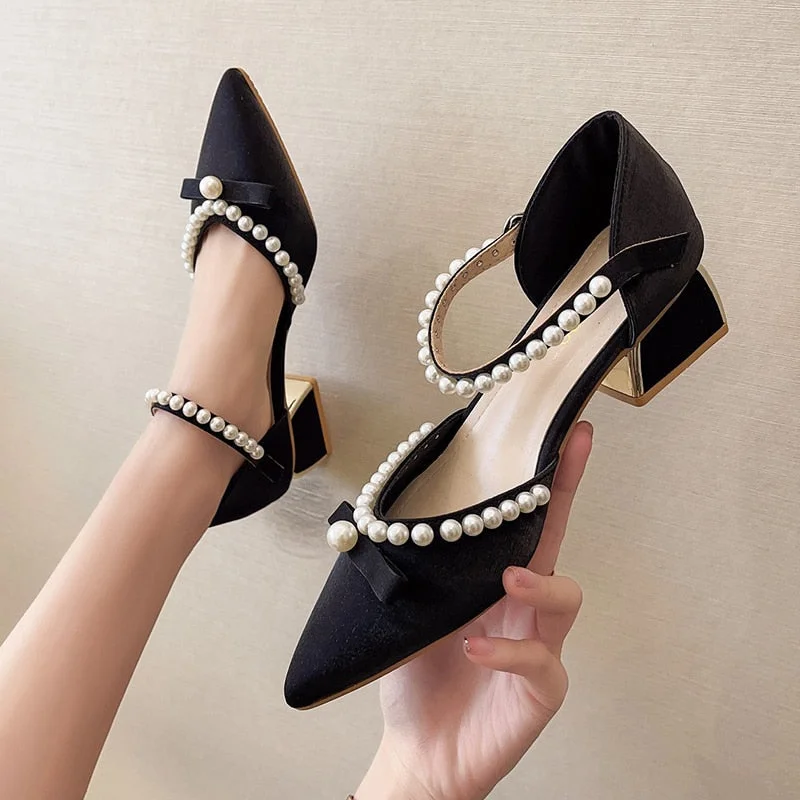 Elegant Ladies Red Silk Pearl Pumps Spring Summer Ankle Strap Square Heels Sandals Women 2022 Fashion Wedding Party Shoes