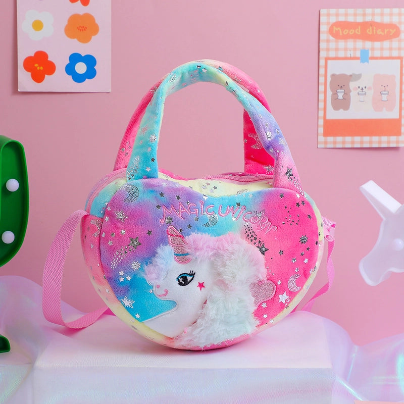 Girl’s Medium Plush Cartoon Cute Sequins Embroidery Round Heart Shape Square Zipper Handbag Crossbody Bag