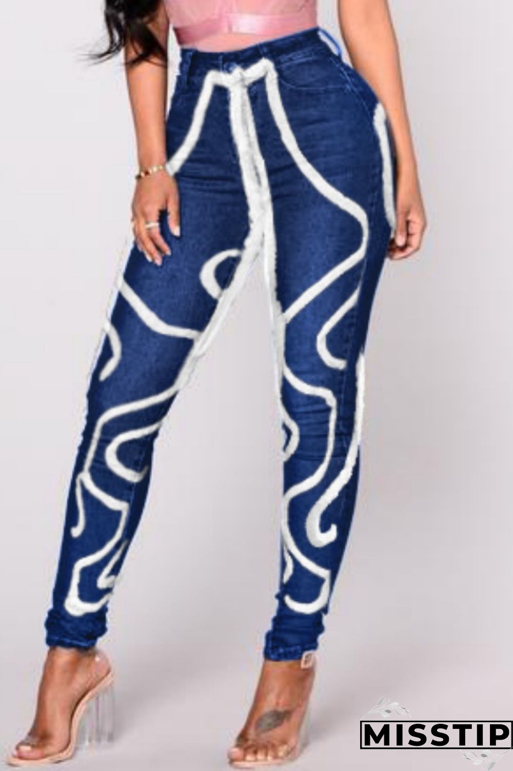 Light Blue Casual Solid Patchwork Mid Waist Regular Denim Jeans