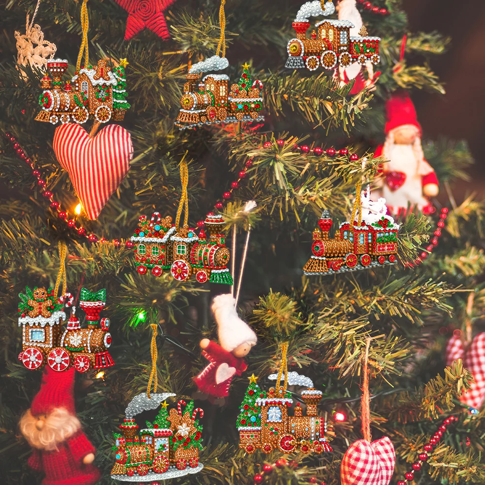 8Pcs DIY Christmas Train Acrylic Special Shaped Christmas Theme Diamond Painting Hanging Decorations