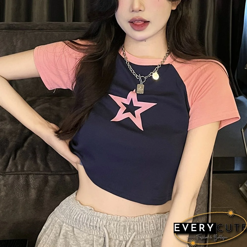 Pentagram Crop Top Kawaii Grunge Fairycore Short Sleeve T Shirt Y2k Aesthetic Women Tee Sweats Clothes Streetwear