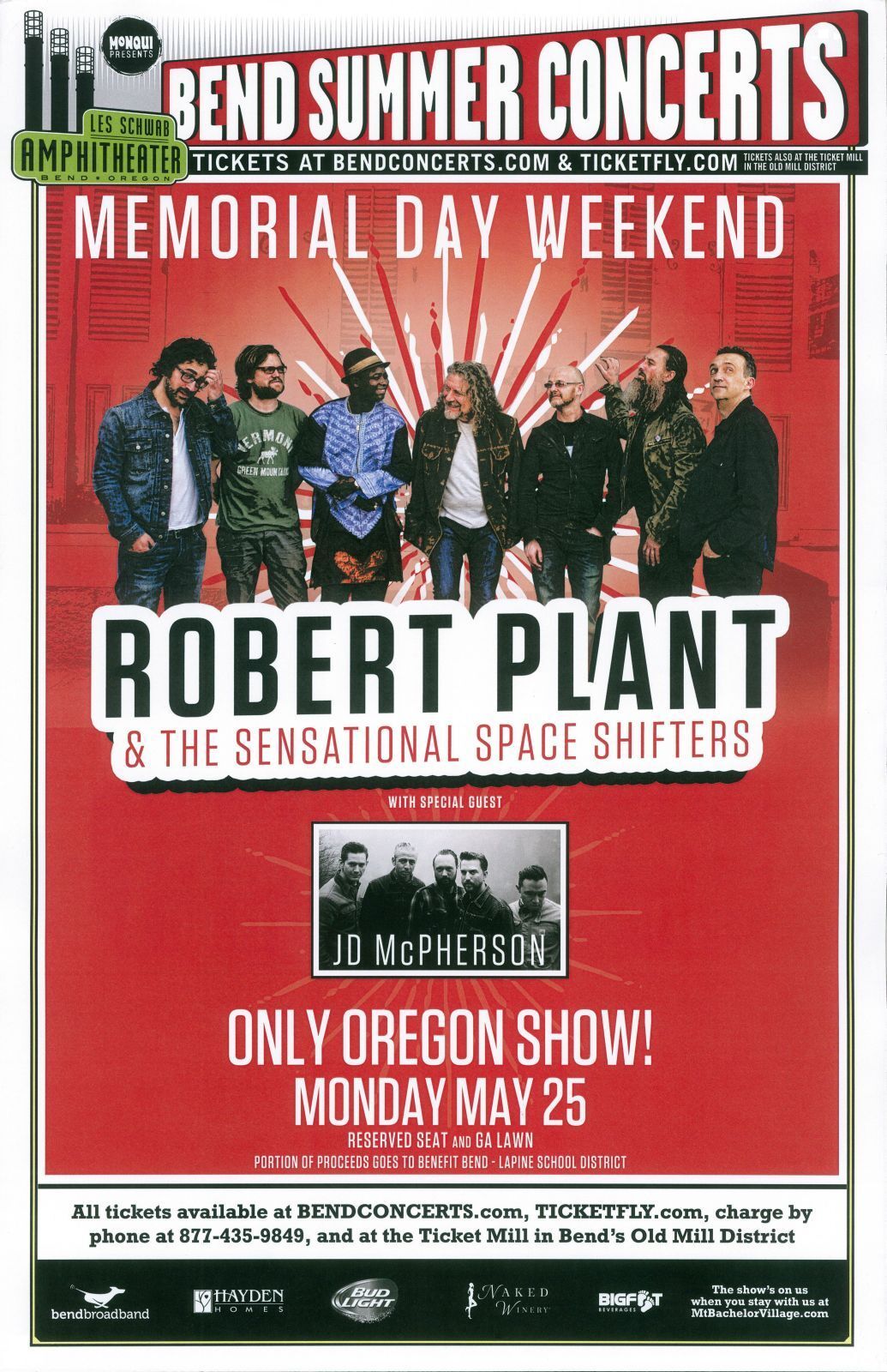 ROBERT PLANT & JD McPHERSON POSTER 2015 Gig Bend Oregon Concert Led Zeppelin