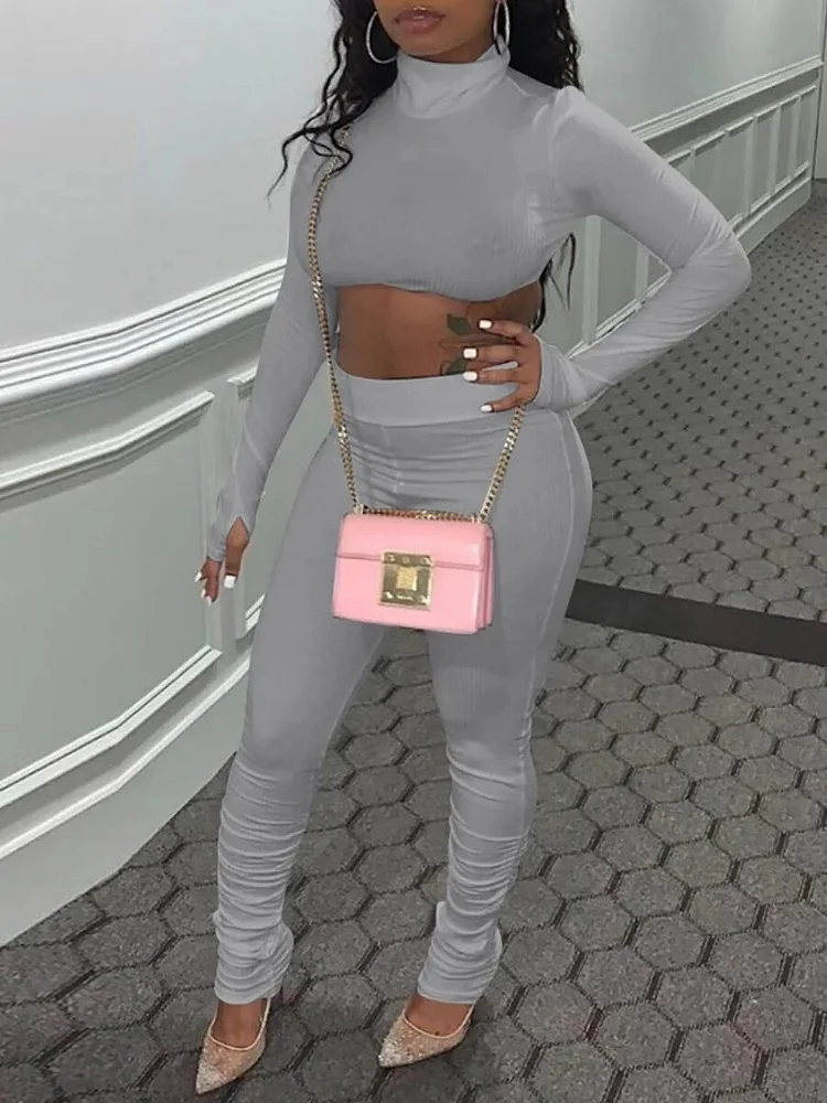 Cgacest 2 Piece Set Turtleneck Long Sleeve Skinny T-shirts Crop Top + High Waist Pants Set Women tracksuit casual Fitness Jogger Suit