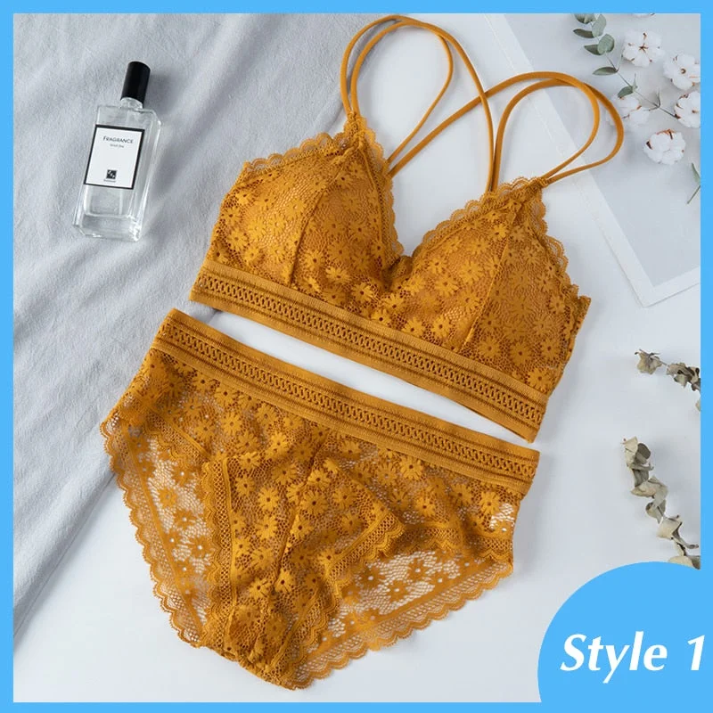 Women Lace Bra Sets Seamless Underwear Backless Vest Adjusted-straps Lingerie Floral Soft Comfortable Underwear Set