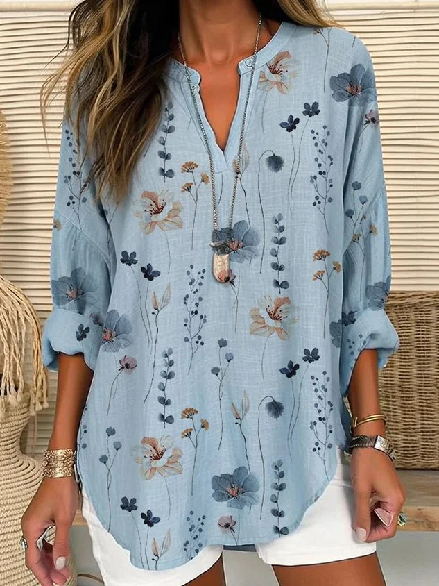 Floral Linen Shirt Collar Loose Blouse