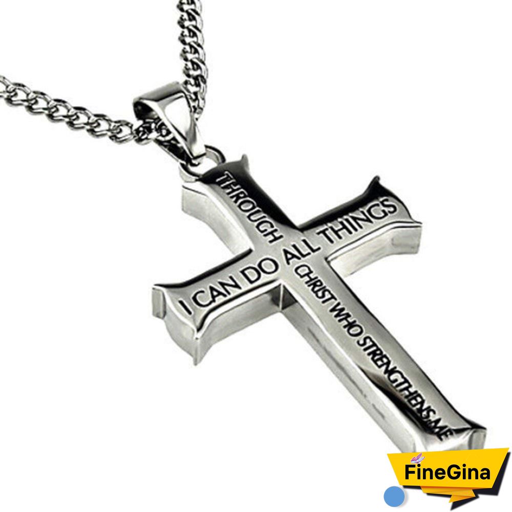 Stainless Ssteel Philippians 4:13 Jewelry, Cross Necklace Bible Verse, Stainless Steel with Chain (60cm）