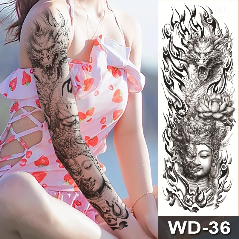 Sdrawing Size Leg Thigh Temporary Tattoo Stickers Full Arm Sleeve Wolf Carp Fox Peony Flower Fake Tattoo Sleeves Sexy Body Painting